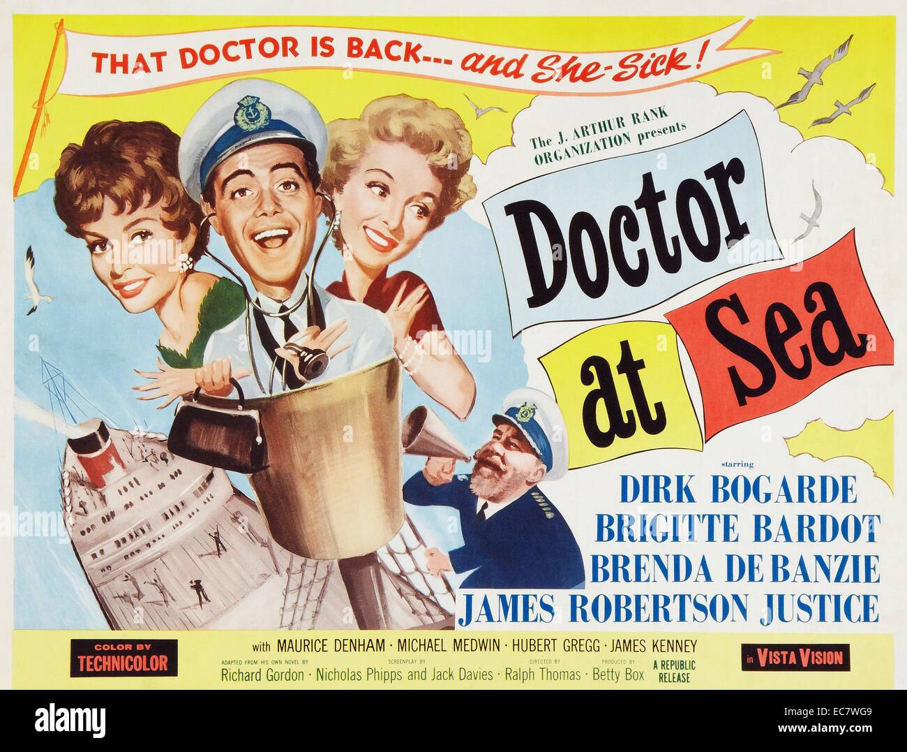 Doctor at Sea. A 1955 British comedy film, directed by Ralph Thomas, produced by Betty E. Box, and based on Richard Gordon's novel. It was the second of seven films in the Doctor series. Dirk Bogarde played the lead character Dr Simon Sparrow. The cast also includes James Robertson Justice and Joan Sims Stock Photo