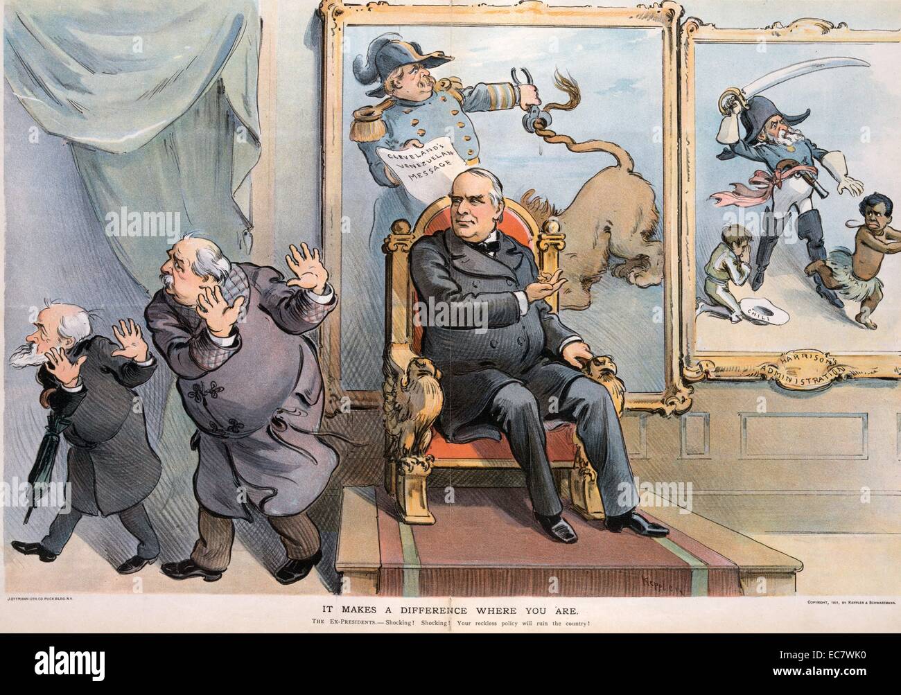 It makes a difference where you are' President McKinley sitting on a chair with two paintings hanging on the wall behind him that illustrate the foreign policies of former presidents Benjamin Harrison and Grover Cleveland. Harrison and Cleveland, standing on the left, have turned their backs on McKinley and start to leave the room, not wanting to be associated with his foreign policy. Stock Photo