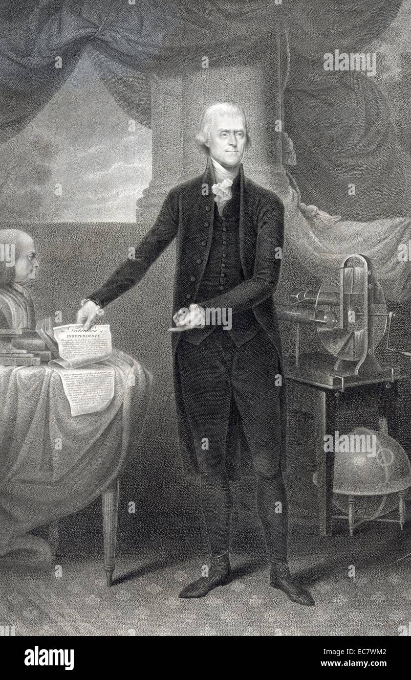 Thomas Jefferson, full-length portrait, standing beside table, facing slightly right, holding the Declaration of Independence and pointing to it. Stock Photo