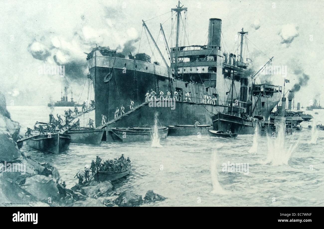 The landing at Cape Helles was part of the amphibious invasion of the Gallipoli peninsula by British and French forces on 25 April 1915 during the First World War Stock Photo