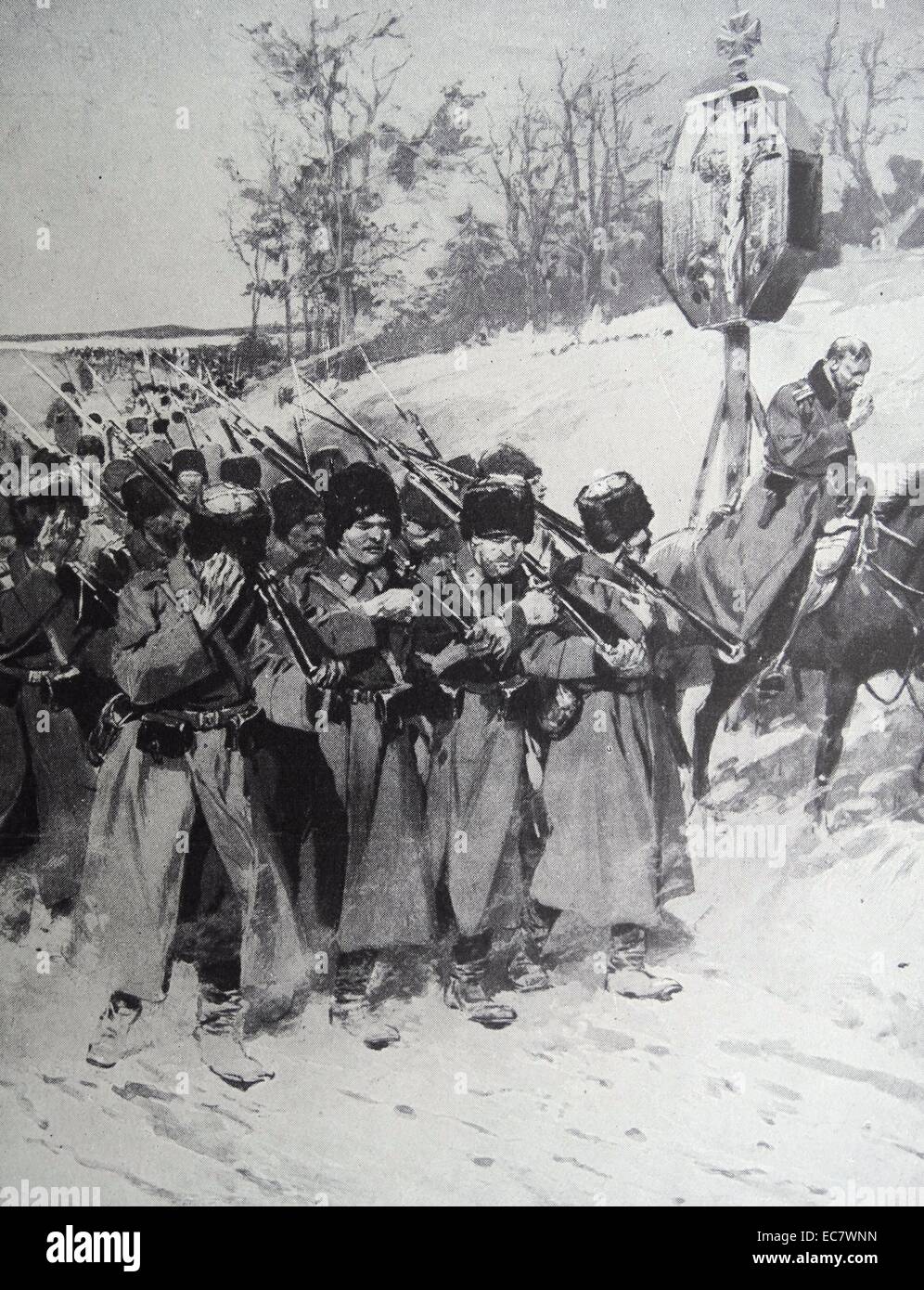 World War One 1915; Russian soldiers pass a shrine Stock Photo