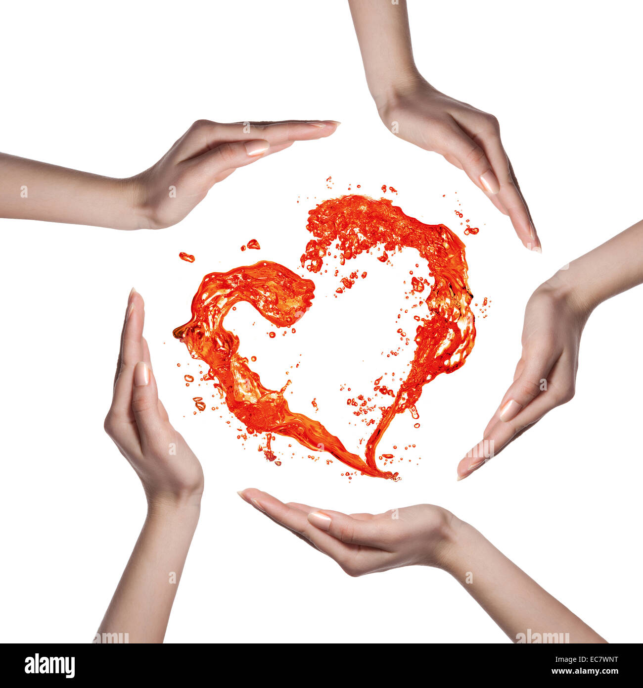 Red heart from water splash with human hands isolated on white Stock ...