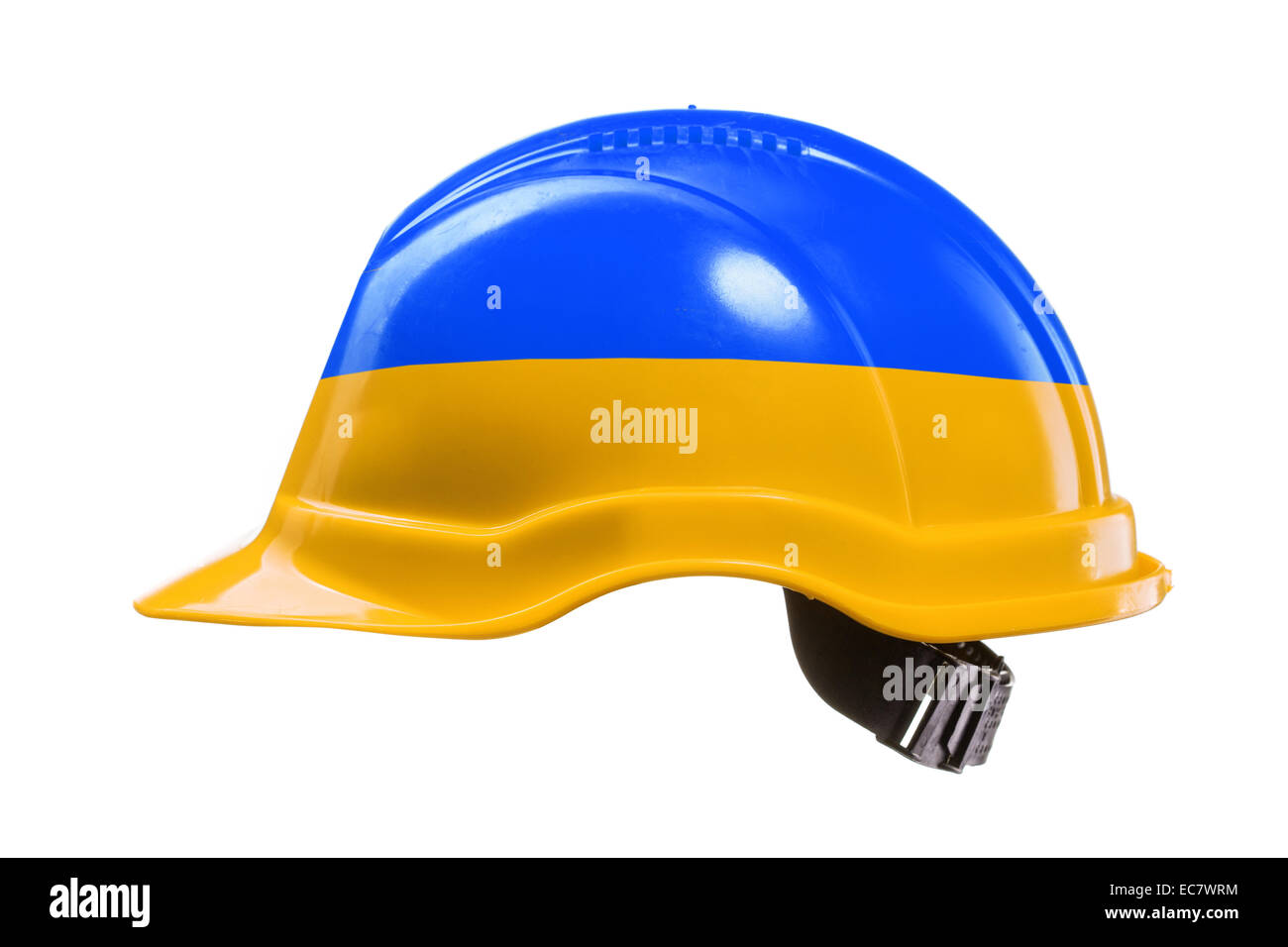 Blue and yellow hard hat isolated on white. National colors of Ukraine. Stock Photo