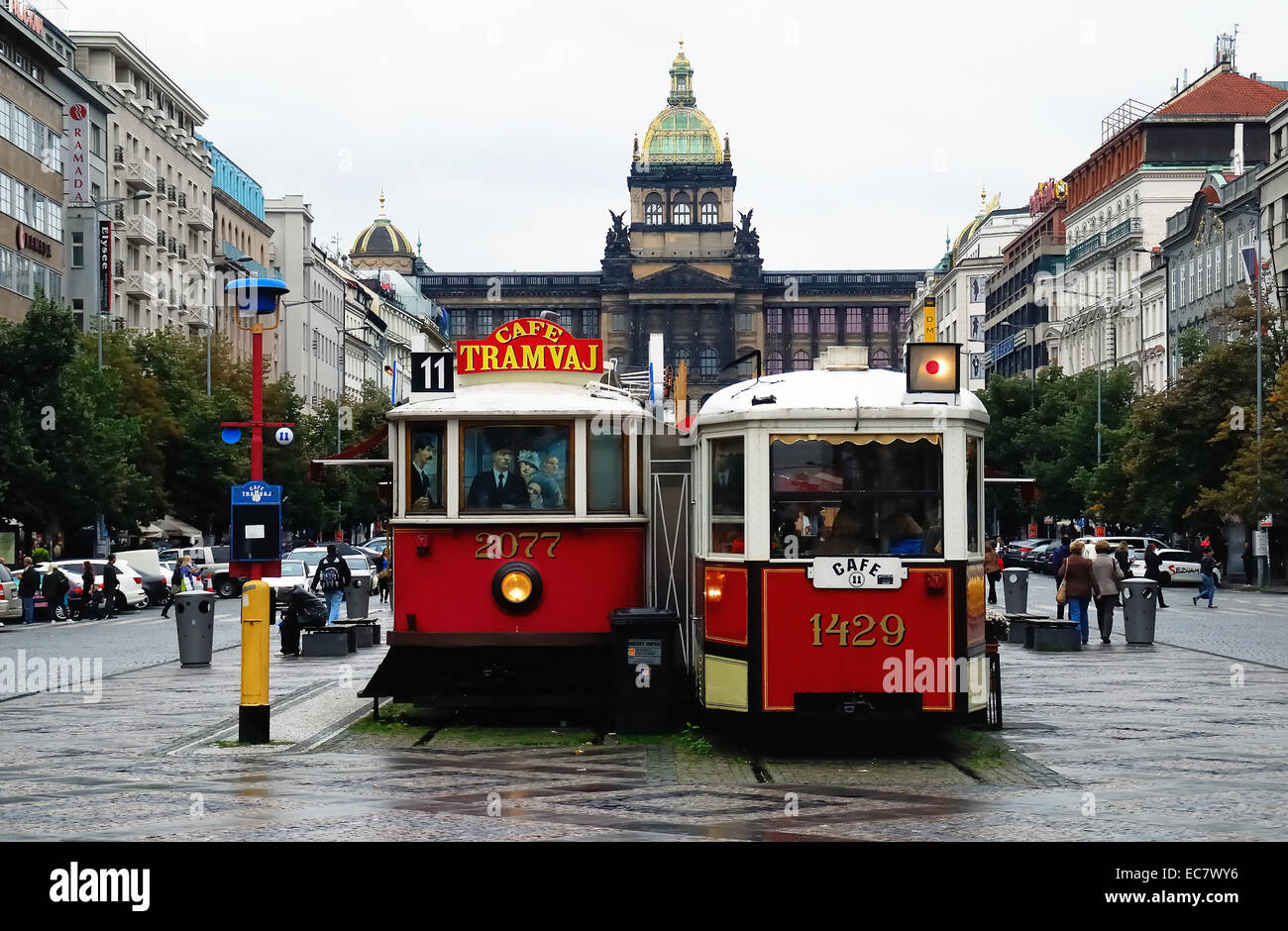 Czech Republic, Prague. The Cafe Tramvaj. The café is located in St. Wenceslas Square in two old trams. Stock Photo