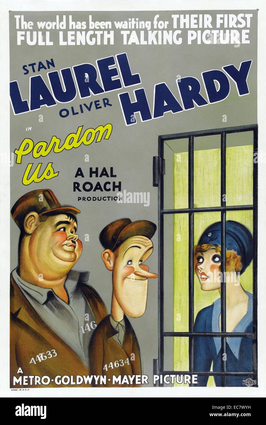 Laurel and Hardy: comedy double act during the early Hollywood era of American cinema. Stan Laurel (1890–1965) and Oliver Hardy (1892–1957). They became well known during the late 1920s through the mid-1940s for their slapstick comedy. Pardon Us is Laurel and Hardy's first feature length comedy film. It was produced by Hal Roach and Stan Laurel, directed by James Parrott, and originally distributed by MGM in 1931 Stock Photo