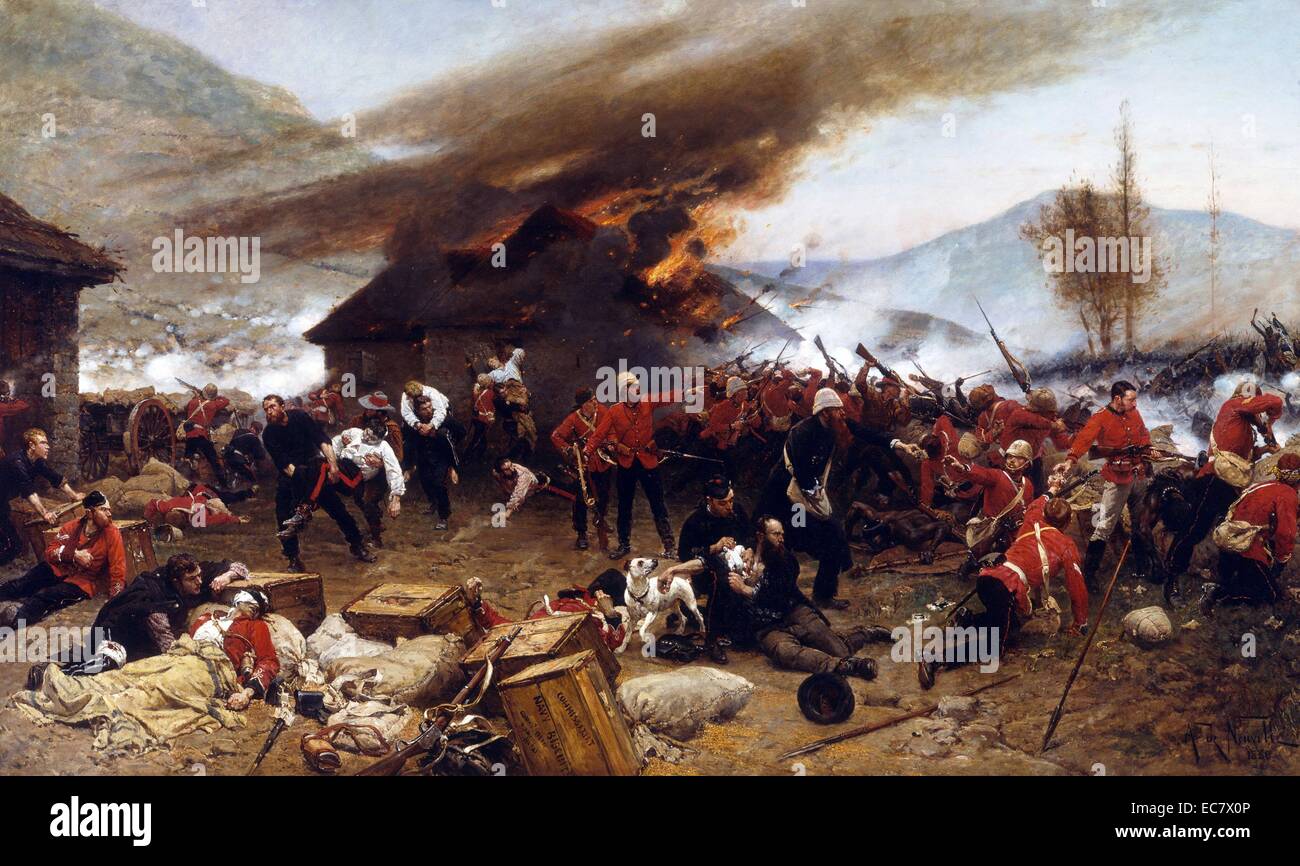 The Battle of Rorke's Drift, during the Anglo-Zulu War. The defence of the mission station of Rorke's Drift, under the command of Lieutenant John Chard followed the British Army's defeat at the Battle of Isandlwana; 22 January 1879, and continued into the following day, 23 January. Just over 150 British and colonial troops successfully defended the garrison against an intense assault by 3,000 to 4,000 Zulu warriors. Stock Photo