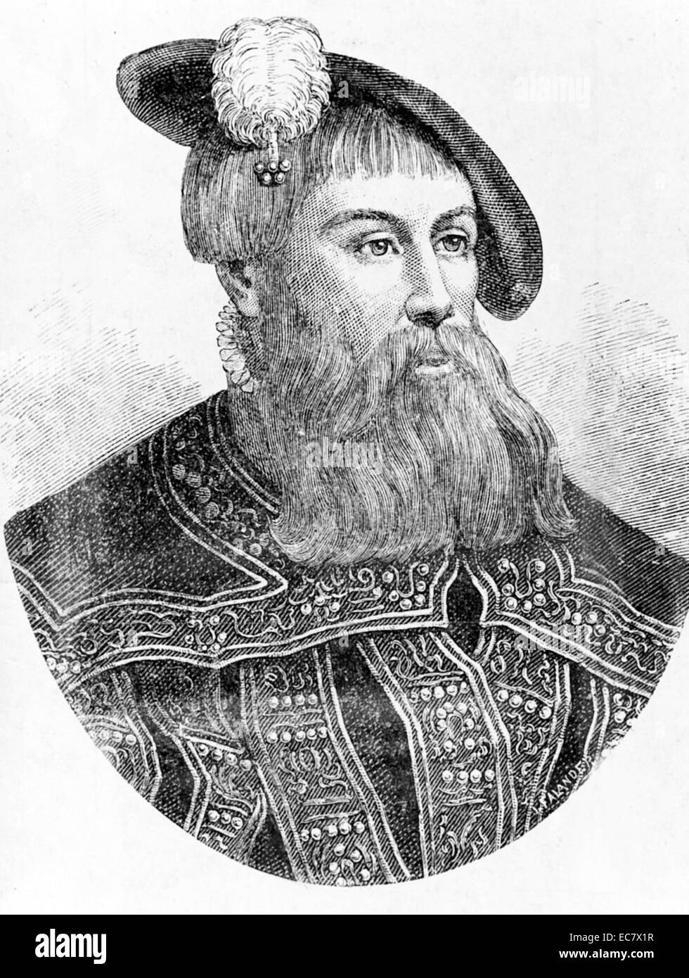 Gustav I, also known as Gustav Vasa (12 May 1496 – 29 September 1560), was King of Sweden from 1523 until his death, previously self-recognised Protector of the Realm (Rikshövitsman) from 1521, during the ongoing Swedish War of Liberation against King Christian II of Denmark, Norway and Sweden. Gustav's election as King on 6 June 1523 and his triumphant entry into Stockholm eleven days later meant the end of Medieval Sweden's elective monarchy as well as the Kalmar Union. This created a hereditary monarchy under the House of Vasa and its successors, including the current House of Bernadotte. Stock Photo