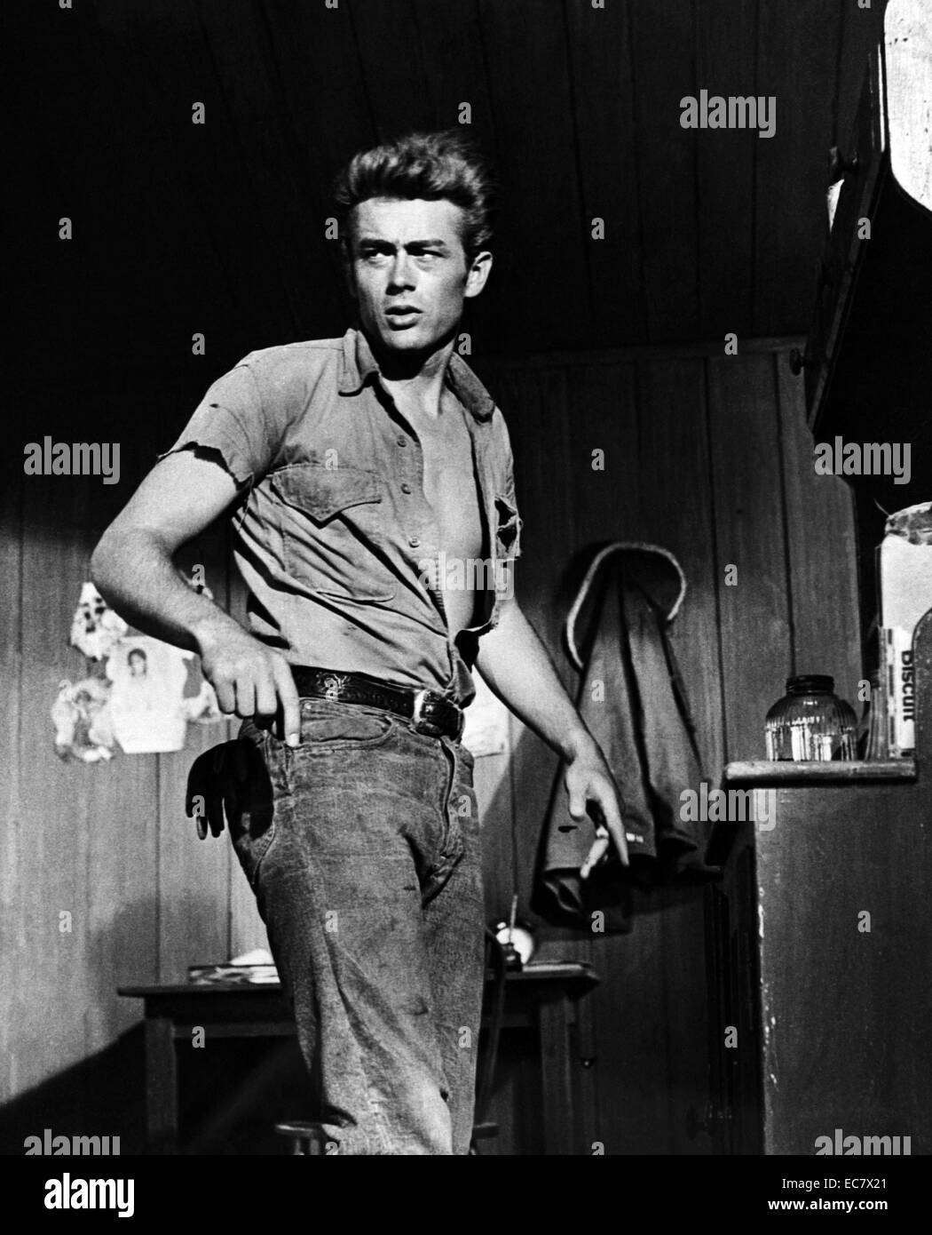 James Byron Dean was an American actor. He is a cultural icon of teenage disillusionment, as expressed in the title of his most celebrated film, Rebel Without a Cause (1955), in which he starred as troubled teenager Jim Stark. The other two roles that defined his stardom were loner Cal Trask in East of Eden (1955) and surly ranch hand Jett Rink in Giant (1956). Dean's enduring fame and popularity rest on his performances in only these three films which were all leading roles. Stock Photo