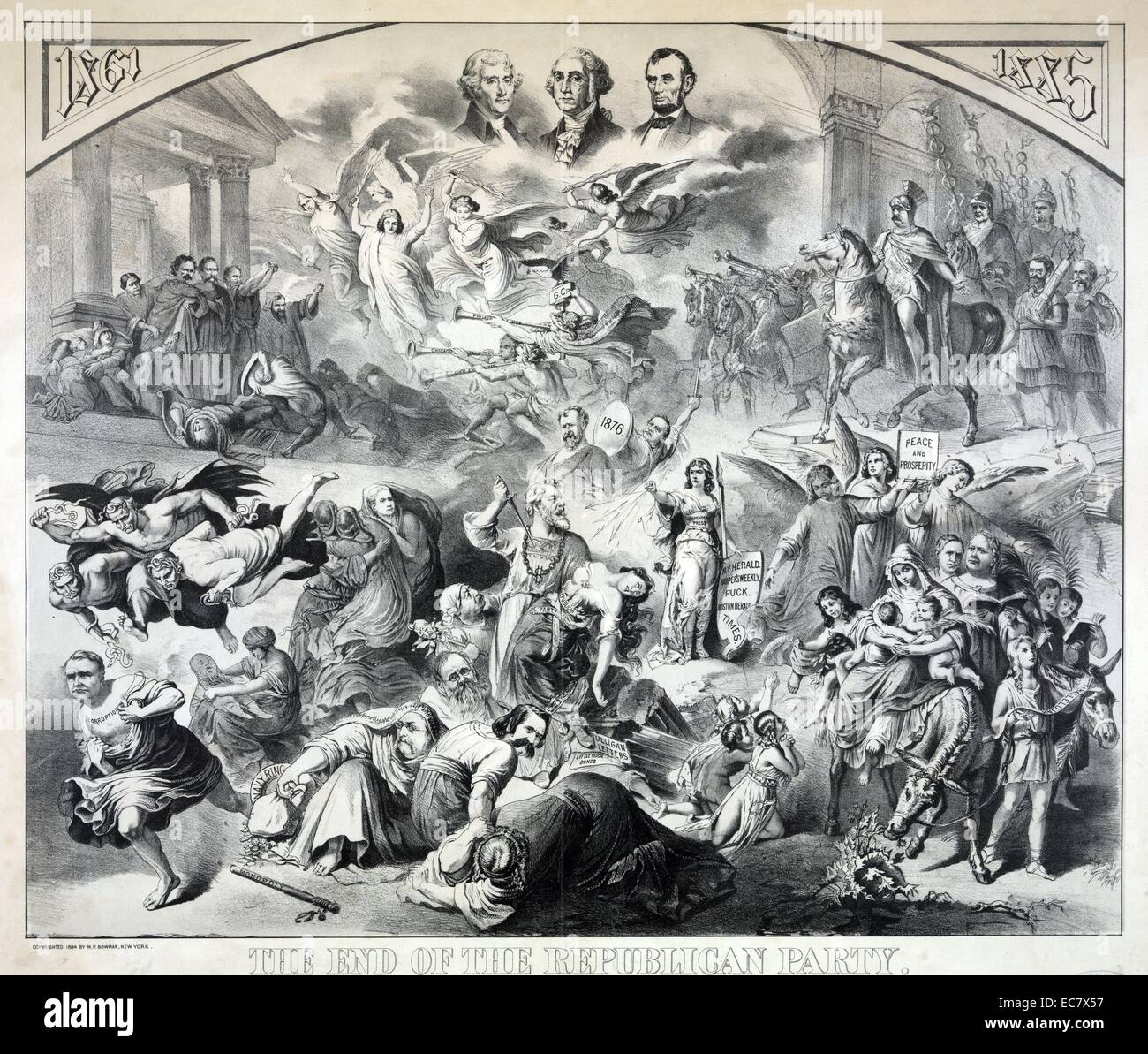 The end of the republican party After 'The Destruction of Jerusalem' by Kaulbach.' After a large painting by Wilhelm von Kaulbach showing the 'destruction of Jerusalem', this print shows the demise of the Republican Party with various Republicans, Mugwumps, Democrats, and allegorical figures, along with portraits of Jefferson, Washington, and Lincoln, as well as the newly elected Democratic president Grover Cleveland on horseback (as the Roman emperor Titus), with Vice President Thomas A. Hendricks on horseback behind him, and Carl Schurz and another man, carrying fasces, walking beside them. Stock Photo