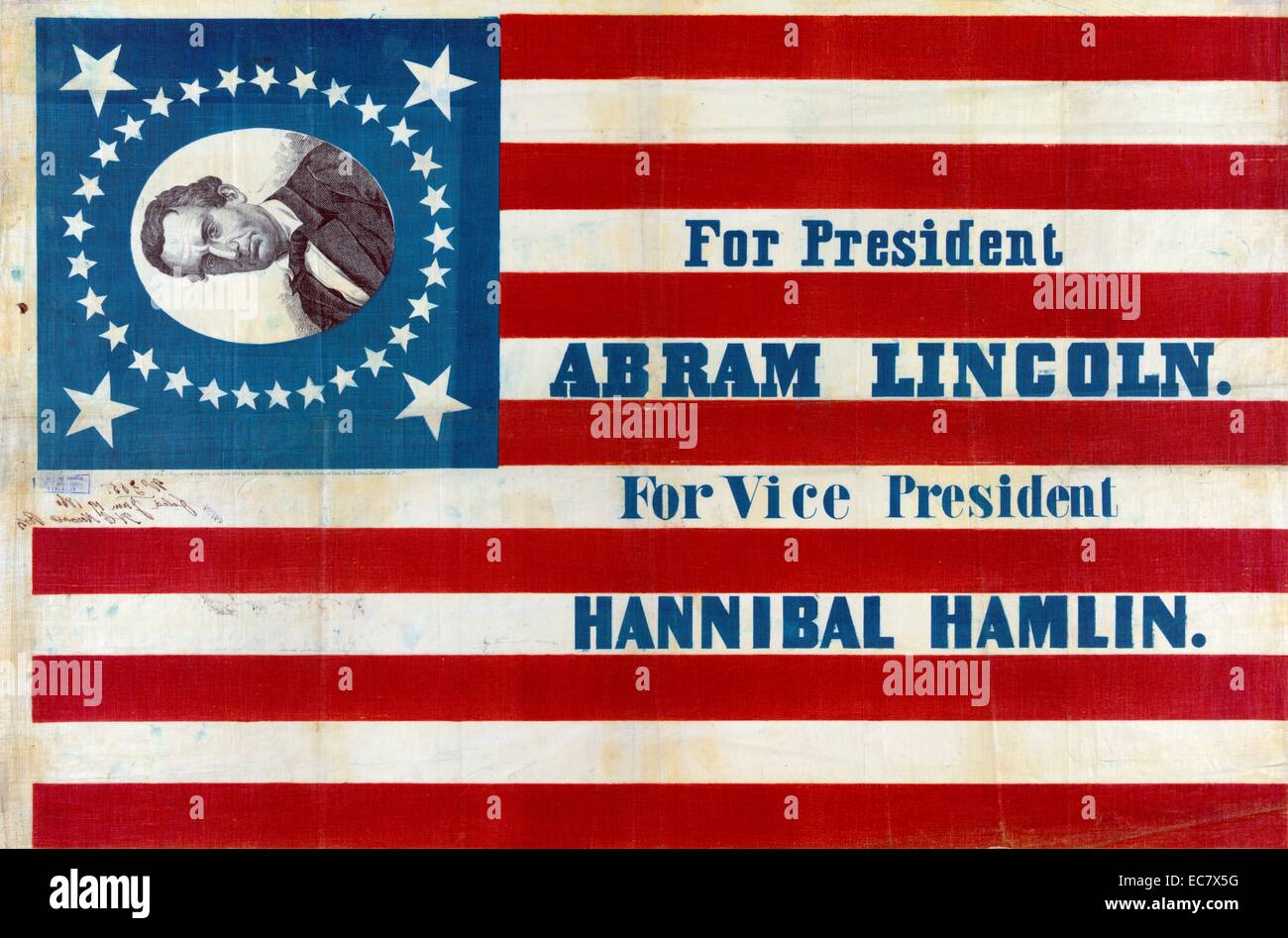 For president, Abram Lincoln. For vice president, Hannibal Hamlin' Print shows a large campaign banner for Republican presidential candidate Abraham Lincoln and running mate Hannibal Hamlin. Lincoln's first name is given here as 'Abram.' Stock Photo