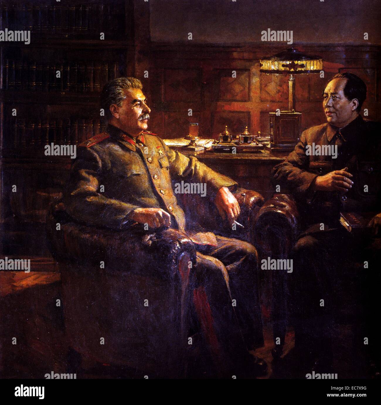 Dmitri Nalbadanian Painting called 'The Great Friendship' 1950. Depicts Stalin (Russia) and Mao Zedong (China) meeting Stock Photo