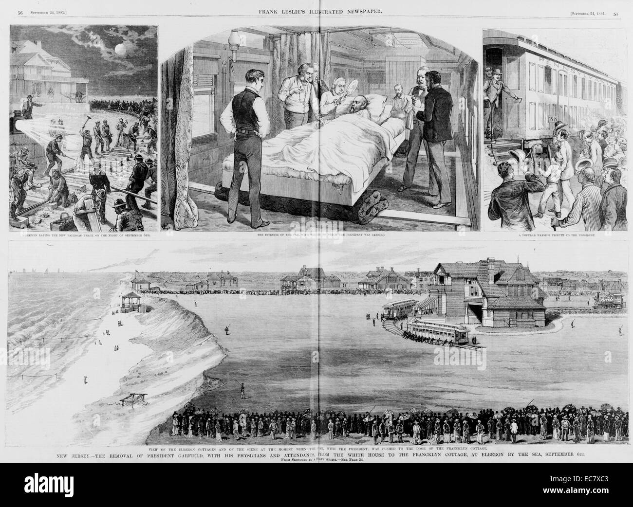 New Jersey--The removal of President Garfield (1831-1881), with his physicians and attendants, from the White House to the Francklyn cottage, at Elberon by the sea, September 6th. Garfield served as the 20th President of the United States, after completing nine consecutive terms in the U.S. House of Representatives Stock Photo