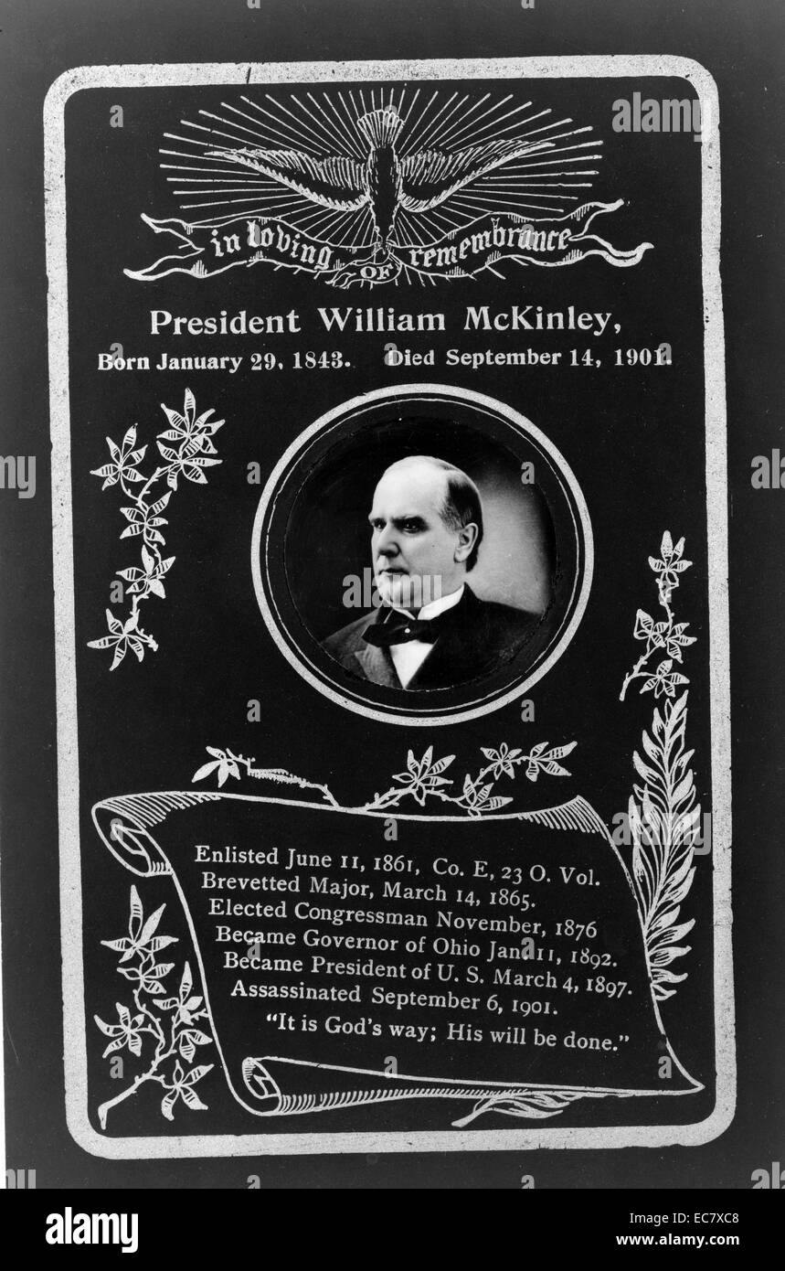 Memorial for President McKinley. 'In loving remembrance, President William McKinley, born January 29, 1843, died September 14, 1901' McKinley was the 25th President of the United States and led the nation to victory in the Spanish–American War, raised protective tariffs to promote American industry, and maintained the nation on the gold standard in a rejection of inflationary proposals. Stock Photo