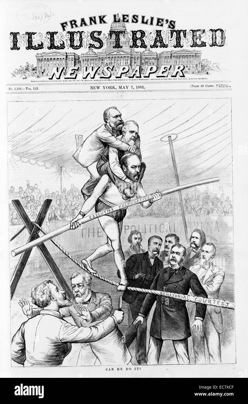 Can he do it?' President Garfield (1831-1881) walking a tight rope 'senatorial courtesy' holding a pole 'executive prerogative,''Stanley Matthews' and another man on his back. Stock Photo