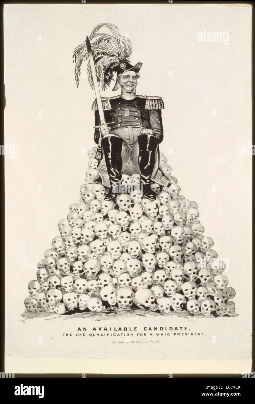 An available candidate--the one qualification for a Whig president' Political cartoon showing man in military uniform, with epaulets and plumed hat, holding sword and seated on pile of skulls. A scathing attack on Whig principles, as embodied in their selection of a presidential candidate for 1848. Here the 'available candidate' is either Gen. Zachary Taylor or Winfield Scott, both of whom were contenders for the nomination before the June convention. Stock Photo