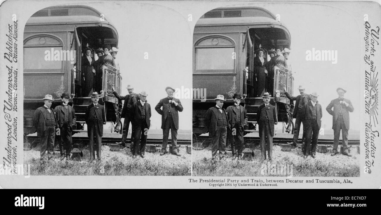 The presidential party and train, between Decatur and Tuscumbia, Ala.' President McKinley with others at the back of the presidential train. McKinley (1843-1901)was the 25th President of the United States and led the nation to victory in the Spanish–American War, raised protective tariffs to promote American industry, and maintained the nation on the gold standard in a rejection of inflationary proposals. Stock Photo