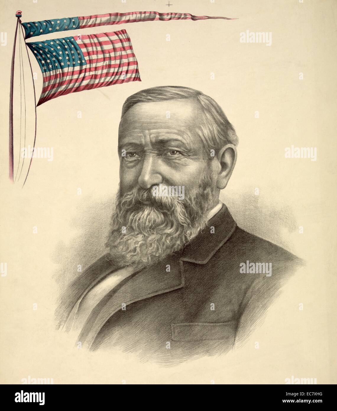 President Benjamin Harrison. Harrison was the 23rd President of the United States. He became a prominent local attorney, Presbyterian church leader and politician in Indiana before his election. Stock Photo