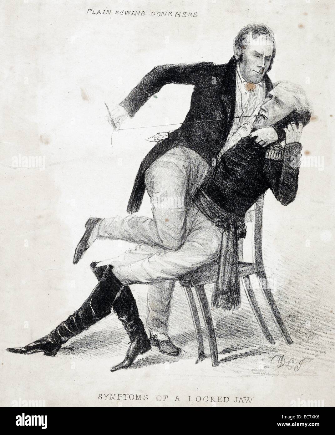 Symptoms of a locked jaw. Plain sewing done here' The caricature reflects the bitter antagonism between Kentucky senator Henry Clay and President Andrew Jackson, during the protracted battle over the future of the Bank of the United States from 1832 through 1836. The print may relate specifically to Clay's successful 1834 campaign to exclude from the Senate journal Jackson's statement of protest against Congressional censure of his earlier actions on the Bank. Clay is shown restraining a seated, uniformed Jackson and sewing up his mouth. Stock Photo