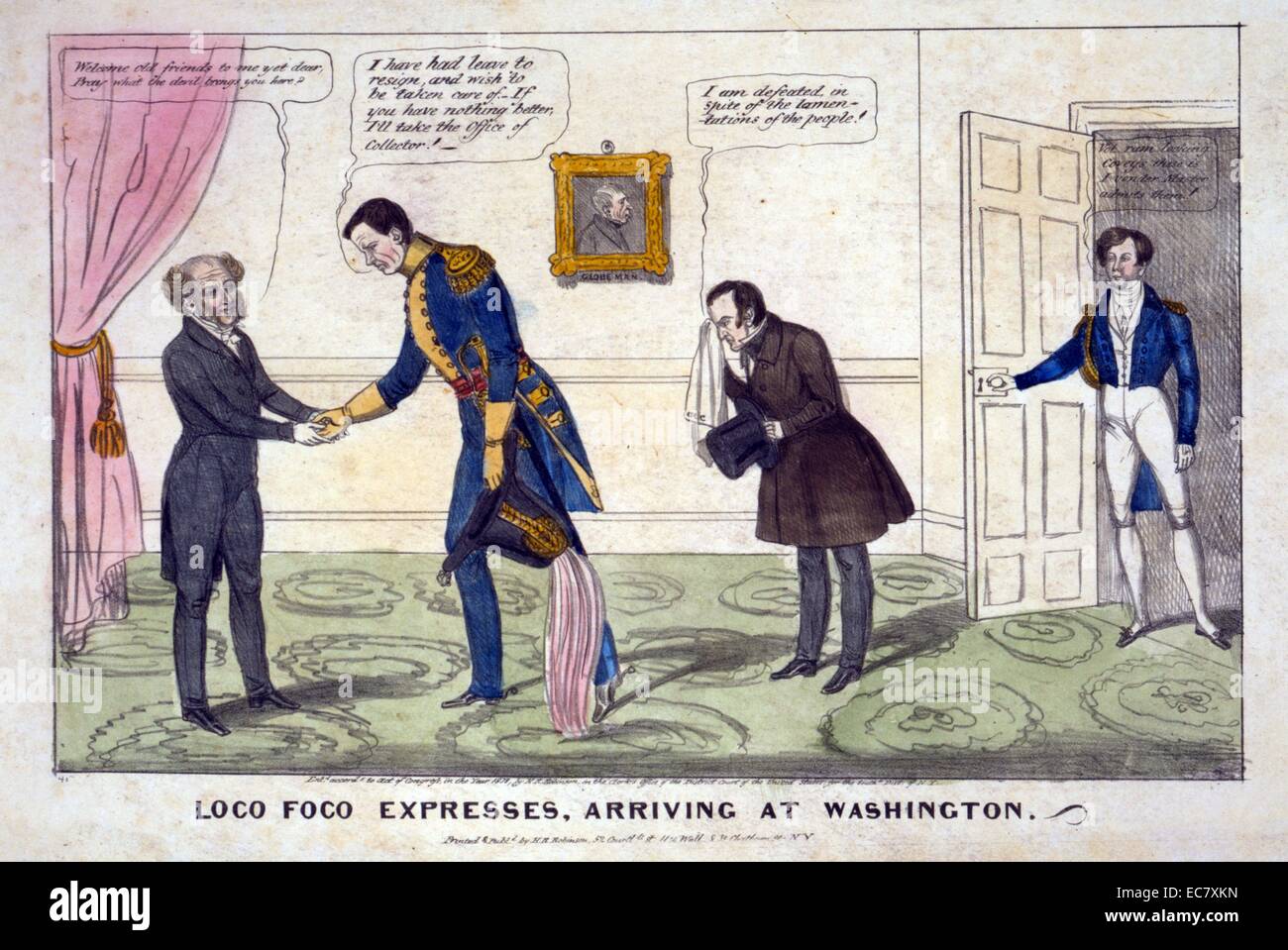 Loco Foco expresses, arriving at Washington' A satiric commentary on the effects of the landslide Whig victory in New York state elections in the autumn of 1838. President Van Buren (left) greets two of his defeated allies: incumbent governor William L. Marcy (center, in uniform) and Representative Churchill C. Cambreleng. Both men had the support of New York radical Democrats, or 'Loco Focos.' Stock Photo