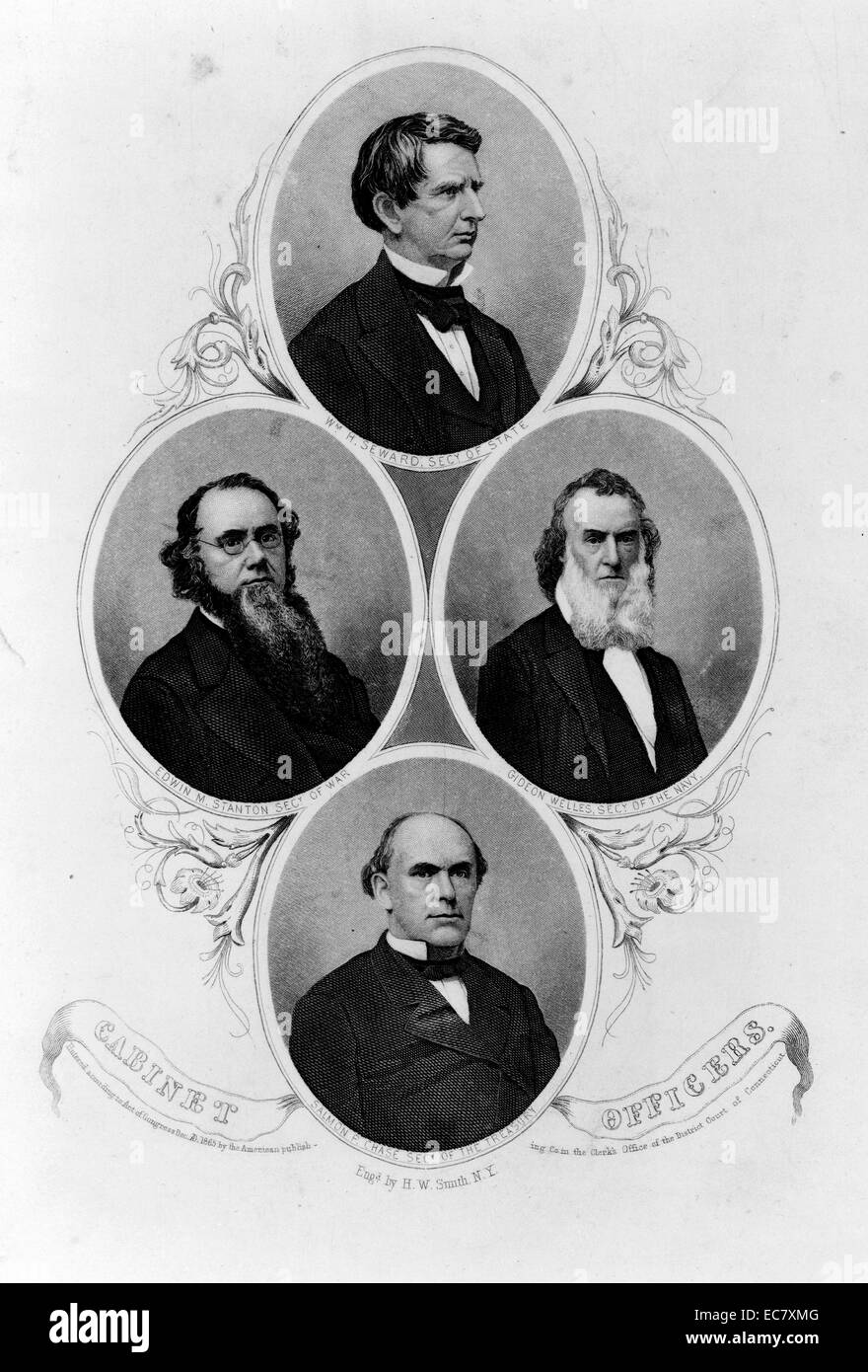 Lincoln cabinet officers: William H. Seward, Secy. of State, Edwin M. Stanton, Secy. of War, Gideon Welles, Secy. of the Navy, Salmon P. Chase, Secy. of the Treasury. Stock Photo