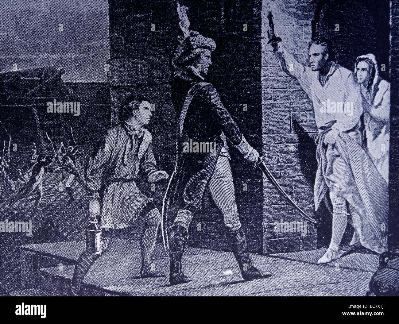 The Capture of Fort Ticonderoga occurred during the American Revolutionary War on May 10, 1775, when a small force of Green Mountain Boys led by Ethan Allen and Colonel Benedict Arnold overcame a small British garrison at the fort. print showing Ethan Allen demanding the fort's surrender Stock Photo