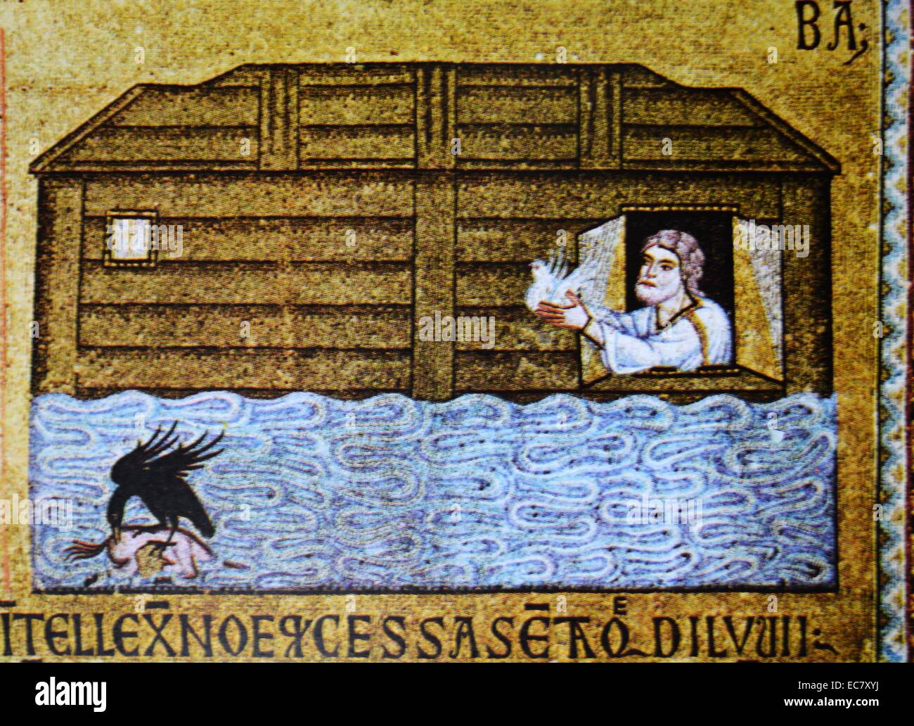 Noah sends the raven and the dove out upon the waters, 12th century mosaic. Stock Photo