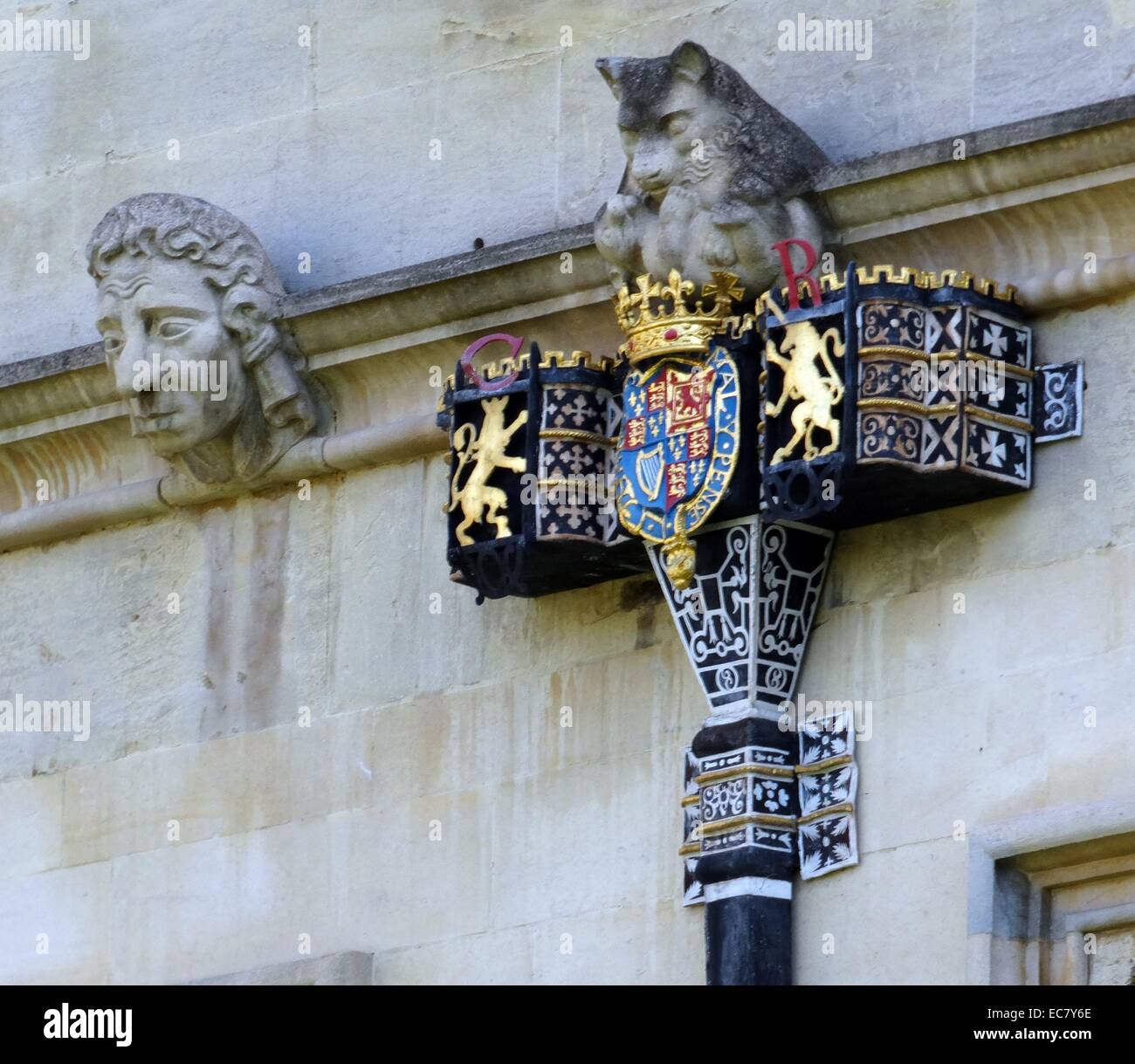 detail of crested guttering/pipe at St John's College at the University of Oxford; Oxford; England. Founded in 1555 by the merchant Sir Thomas White, intended to provide a source of educated Roman Catholic clerics to support the Counter-Reformation under Queen Mary. Stock Photo