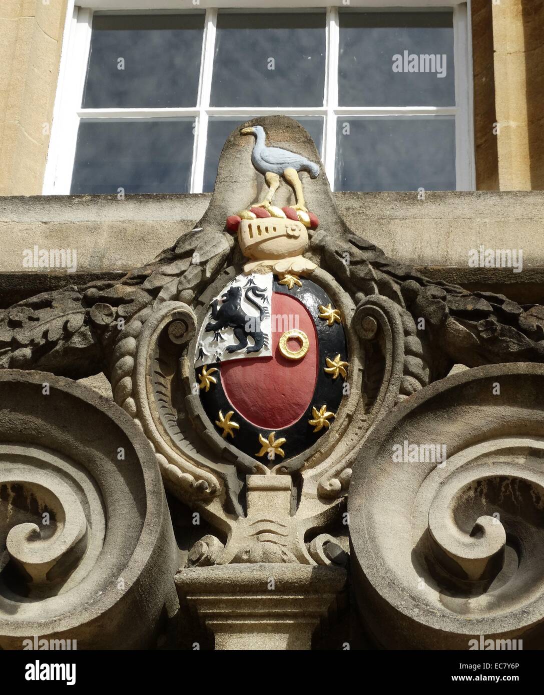 detail showing heraldic badges within St John's College at the University of Oxford; Oxford; England. Founded in 1555 by the merchant Sir Thomas White, intended to provide a source of educated Roman Catholic clerics to support the Counter-Reformation under Queen Mary. Stock Photo