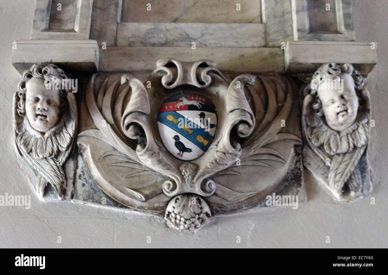 detail showing heraldic badge within St John's College at the University of Oxford; Oxford; England. Founded in 1555 by the merchant Sir Thomas White, intended to provide a source of educated Roman Catholic clerics to support the Counter-Reformation under Queen Mary. Stock Photo