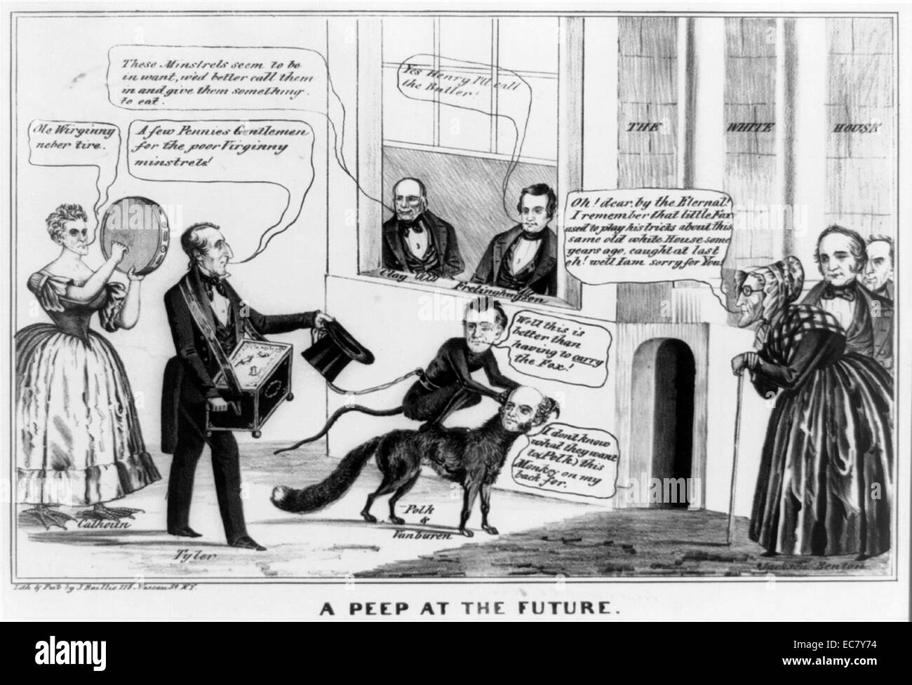 A peep at the future' A Whig fantasy on the supposed outcome of the 1844 election. Here Henry Clay and Theodore Frelinghuysen occupy the White House. They watch from a window as John Tyler plays a hand organ and leads a group of minstrels outside, asking 'A few Pennies Gentlemen for the poor Virginny minstrels!' On the top of the organ are three tiny rats, perhaps a reference to the resignation of Tyler's cabinet or a comment on the president's betrayal of Whig interests during his tenure. Stock Photo