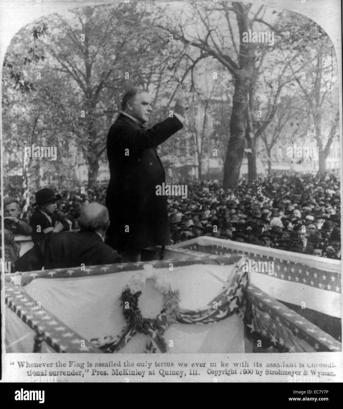 President William McKinley speaking at Quincy Ill. McKinley (1843-1901)was the 25th President of the United States and led the nation to victory in the Spanish–American War, raised protective tariffs to promote American industry, and maintained the nation on the gold standard in a rejection of inflationary proposals. Stock Photo
