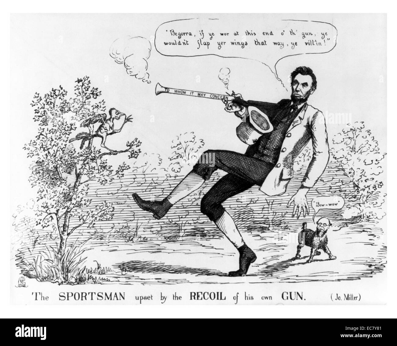 The sportsman upset by the recoil of his own gun' Lincoln (1809-1865) is portrayed as meek and ineffectual in his prosecution of the war. In a wooded scene Lincoln, here in the character of an Irish sportsman in knee-breeches, discharges his blunderbuss at a small bird 'C.S.A.' (Confederate States of America). The bird, perched in a tree at left, is unhurt, but Lincoln falls backward vowing, 'Begorra, if ye wor at this end o' th' gun, ye wouldn't flap yer wings that way, ye vill'in!' At right Secretary of War Stanton, who has the body of a dog, barks, 'Bow-wow.' Stock Photo