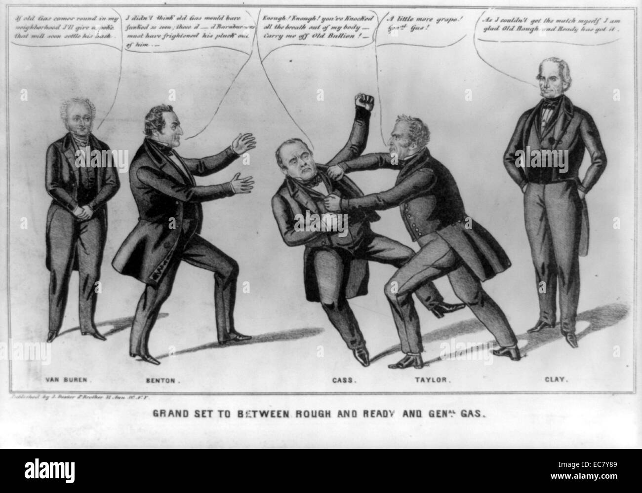 Grand set to between rough and ready and Genal. Gas' 'Zachary Taylor and Lewis Cass engage in a bout of fisticuffs in their battle for the presidency in 1848. Taylor, clearly getting the better of his opponent, seizes Cass by the lapels. His appeal for help is to conservative Democratic senator Thomas Hart Benton. Stock Photo