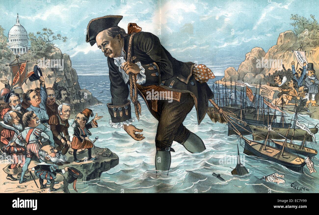 Gulliver-Cleveland takes possession of the enemy's fleet and deprives them  of their strength' Illustration shows President Cleveland (1837-1908) as  Gulliver with a rope labelled 'Good Policy' tied to the ships of the '