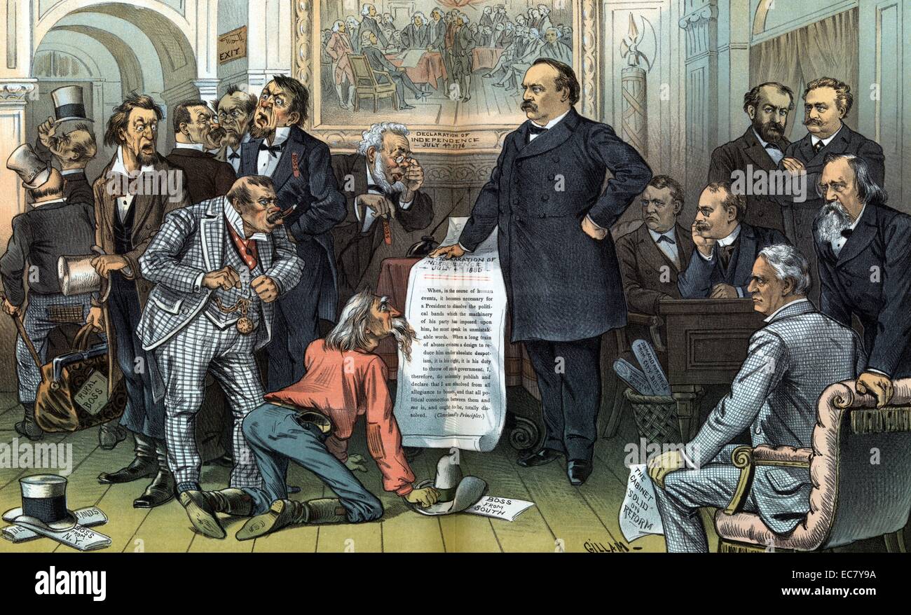 A new declaration of independence in the year 1885' Illustration shows President Cleveland (1837-1908) standing at a table, his right hand on a long document labelled 'Declaration of Independence July 4th 1885' that trails off the table. He is facing a group of men, one labelled 'Tammany' and others labelled 'Boss' and 'Rural Boss', they are standing near a passageway labelled 'Exit'. Behind Cleveland are members of his cabinet, William C. Whitney, Daniel Manning, Augustus H. Garland, William F. Vilas, L.Q.C. Lamar, and Thomas F. Bayard Stock Photo
