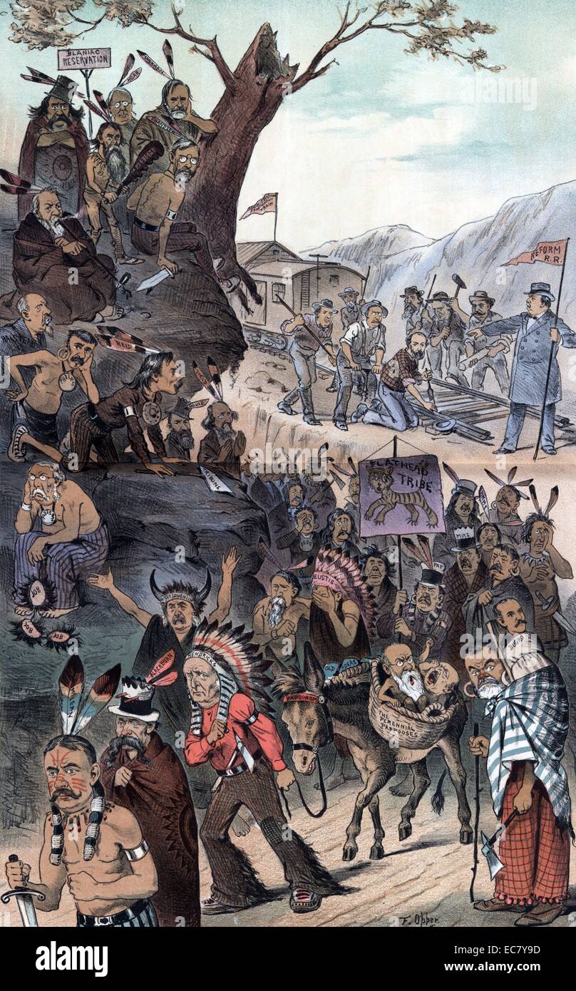 The resistless march of reform - the 'hostiles' must go!' Illustration shows a large group of politicians, newspaper editors, Tammany Hall bosses, and others, dressed as Native Americans, one carrying a banner that shows a crude drawing of the Tammany(?) tiger labelled 'Flathead Tribe', on a long march in opposition to President Cleveland's civil service reform agenda; in the upper left corner is the 'Blainiac Reservation' and in the opposite corner is Cleveland and his cabinet laying tracks for the 'Reform R.R.', keeping ahead of the 'Administration Construction Train'. Stock Photo