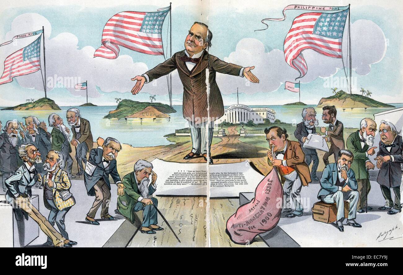 'Who will haul it down?'' President William McKinley standing at the top of a road leading to the White House in the background; he is delivering a speech, with a group of newspaper editors and congressmen, to the left and right, who have broken into small groups, talking amongst themselves. In the right foreground, William Jennings Bryan is inflating his 'Anti-Annexation Issue for 1900'. Stock Photo