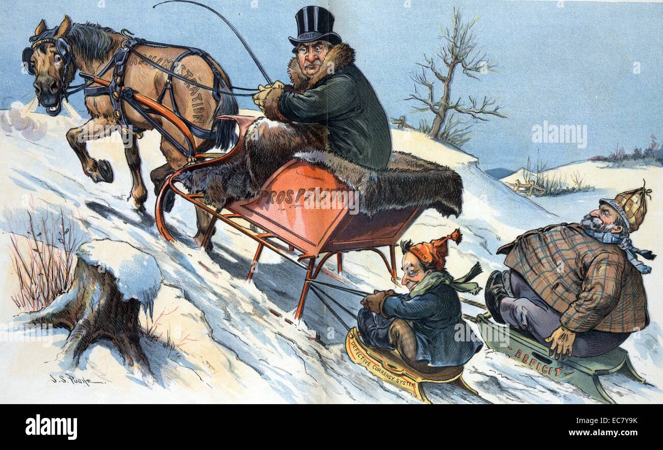 He'd better cut behind' President McKinley driving a sleigh labelled 'Prosperity', drawn by a horse labelled 'Administration', and towing two small sleds, one labelled 'Defective Currency System' is carrying William Jennings Bryan, and the other labelled 'Deficit' is carrying a bloated Nelson Dingley. Stock Photo