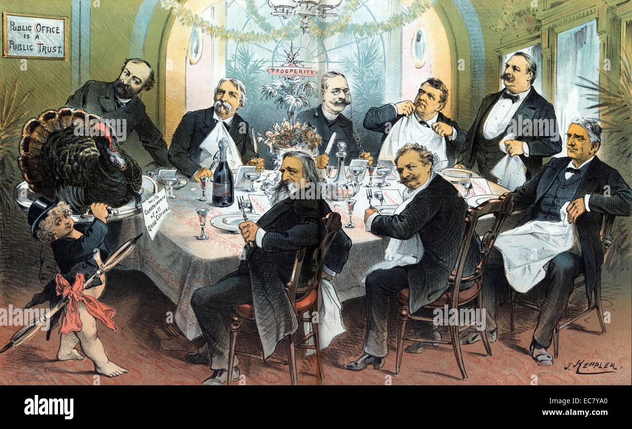 Thanksgiving day, 1885' President Cleveland standing at the head of a table with his cabinet officers around the table at placemats labelled 'Bayard, Manning, Garland, Whitney, Lamar, Endicott, [and] Vilas' as Puck delivers a large turkey on a platter labelled 'With Compliments of all Good Citizens'; a notice on the wall in the background states 'Public Office is a Public Trust'. The centrepiece on the table is labelled 'Prosperity'. Stock Photo