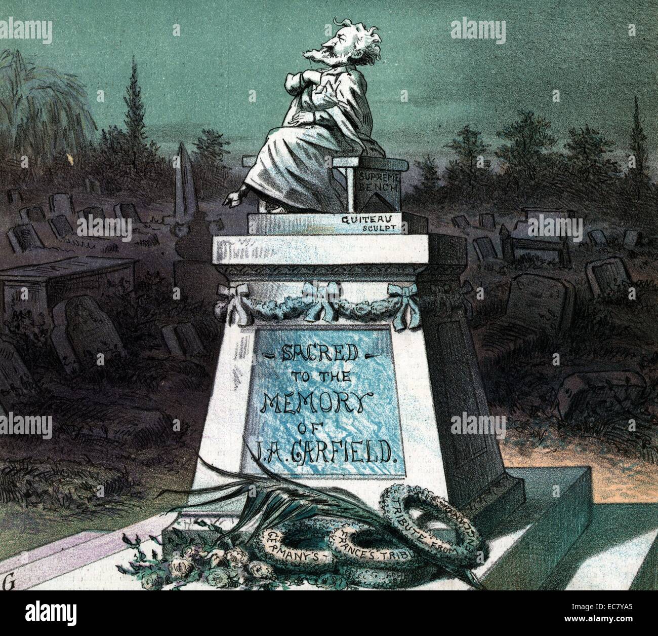 The living president's tribute to the dead president' Statue of Roscoe Conkling, with cloven hooves, seated on a bench labelled 'Supreme Bench' atop a monumental tomb labelled 'Sacred to the Memory of J.A. Garfield'; the monument is signed 'Guiteau sculpt.' Stock Photo