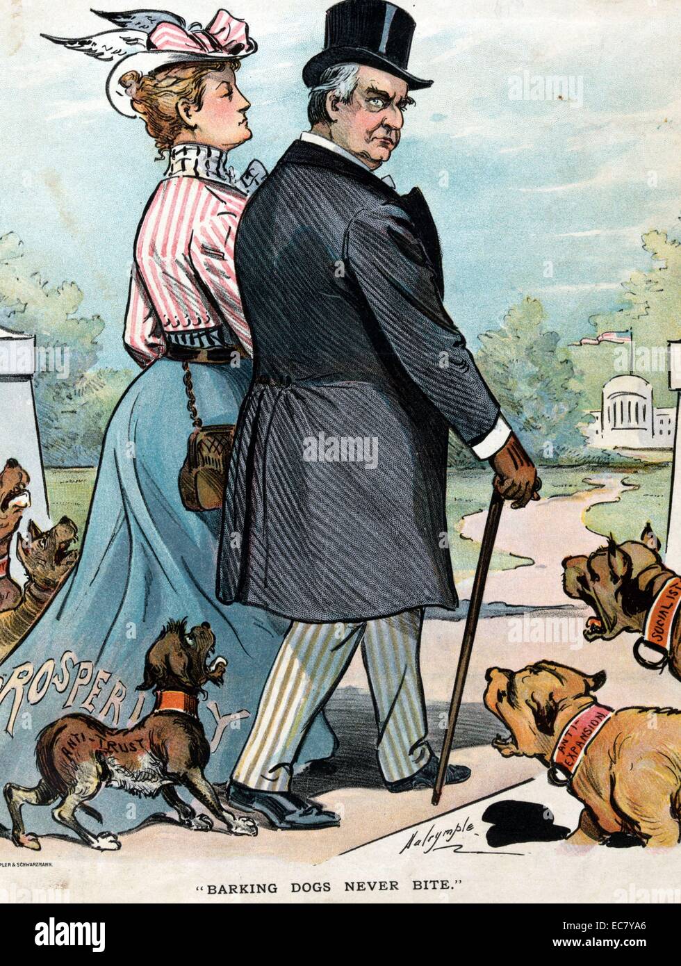 'Barking dogs never bite'' President McKinley walking onto the White House grounds with a woman labelled 'Prosperity', passing a group of barking dogs labelled 'Anti-prosperity,' 'Silverites,' 'Anti-trust,' 'Anti-expansion,' and 'Socialist.' The woman, dressed in a red, white, and blue outfit, may represent Columbia or possibly Mrs. McKinley; she is wearing a winged hat like that of the Roman god Mercury, though may also represent Minerva, the Roman goddess and patroness of commerce and trade. Stock Photo