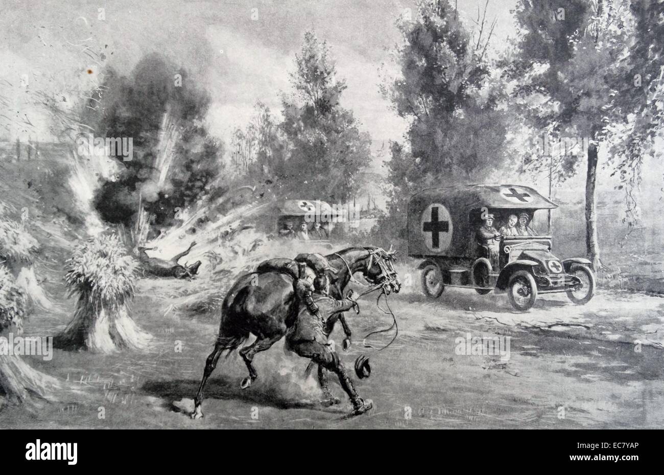 British military ambulances evacuate casualties under fire in world war one 1915 Stock Photo