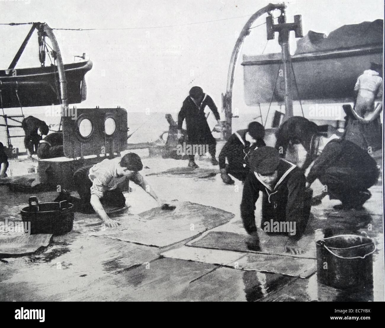 Sailors wash clothes on deck on a British naval ship during world war one 1916 Stock Photo