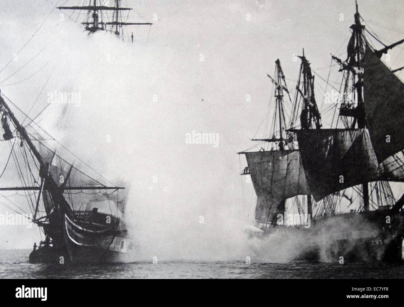 Old Ironsides, 1926.  The last of the sailing ships found their final haven in Hollywood, where they were used for sea fights of astounding realism. Stock Photo
