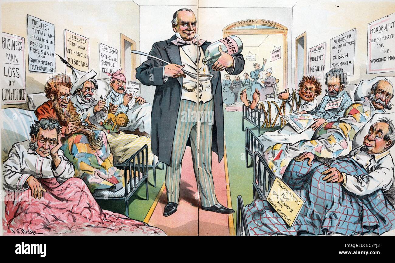 He has one medicine for all ills' President McKinley as a physician dispensing strong 'Tariff' medicine in the men's ward of a sanatorium where beds line the walls and are occupied by a 'Business Man', a 'Populist', a 'Jingoist', a 'Spoils Man', an 'Anarchist', a 'Filibuster', a 'Monopolist', and a man sitting on a bed with a sign that states 'Hallucinations About Home Markets and Infant Industries'. In the background is a door that leads to the 'Woman's Ward'. Stock Photo