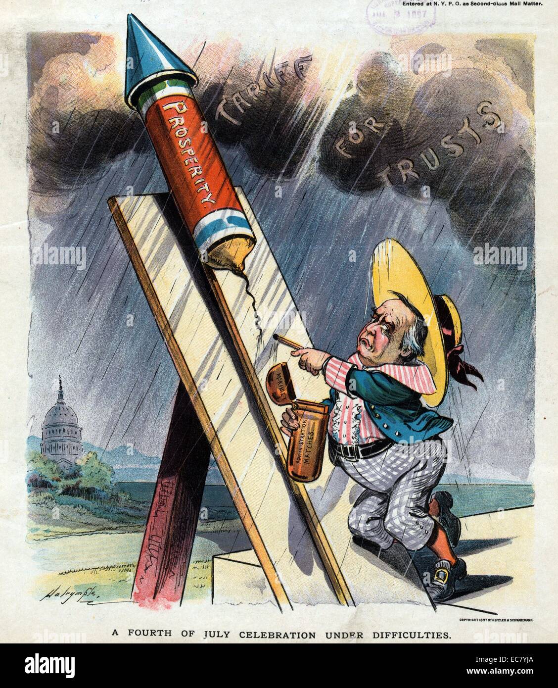 A fourth of July celebration under difficulties' President McKinley, as a young boy, attempting to light the fuse to a fireworks-rocket labelled 'Prosperity' using 'McKinley Administration Matches' during a rain storm beneath dark clouds labelled 'Tariff for Trusts'. Stock Photo