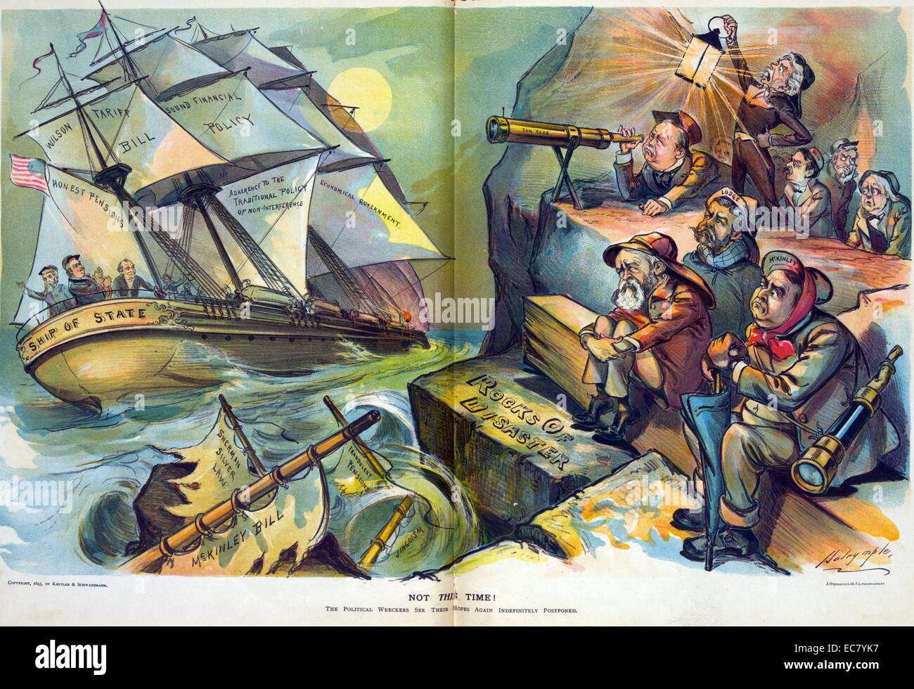 Not this time!' President Cleveland at the helm of the 'Ship of State', it's sails labelled 'Honest Pensions, Wilson Tariff Bill, Sound Financial Policy, Adherence to the Traditional Policy of Non-Interference', [and] Economic Government', as it sails past the 'Rocks of Disaster' upon which are the remains of a shipwreck labelled 'Sherman Silver Law, McKinley Bill, Fraudulent Pensions, [and] Jingoism' and a group of marooned sailors labelled 'McKinley, Lodge, Tom Reed, [and] Quay', also present are Benjamin Harrison, Whitelaw Reid, George F. Hoar, and William E. Chandler. Stock Photo