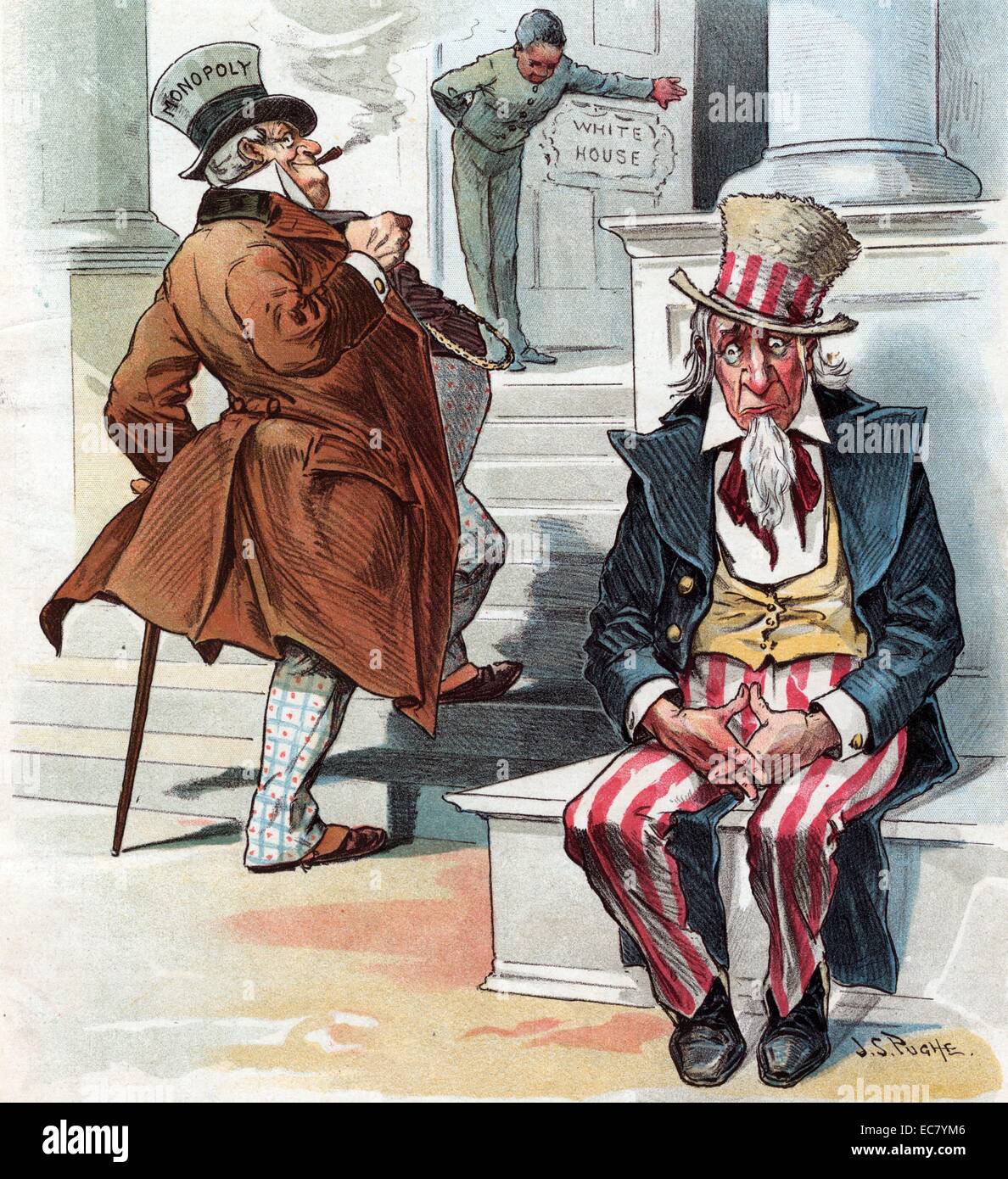 When McKinley is president' Uncle Sam sitting on the steps to the White House as a man (McKinley) wearing a top hat labelled 'Monopoly' walks up the steps to enter the White House. Stock Photo