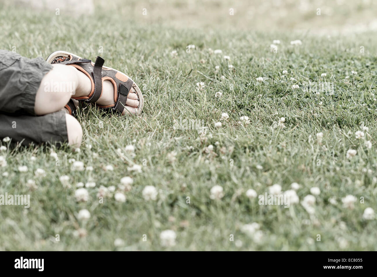 boy's legs lying down on grass. Stock Photo