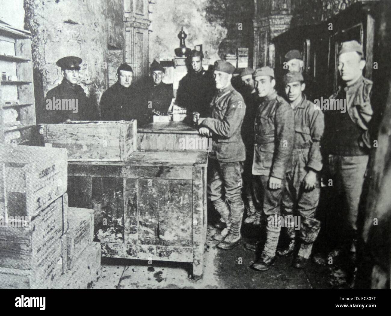 scene from an american world war one documentary film. A mud-spattered YMCA canteen in a French Monastery. Stock Photo